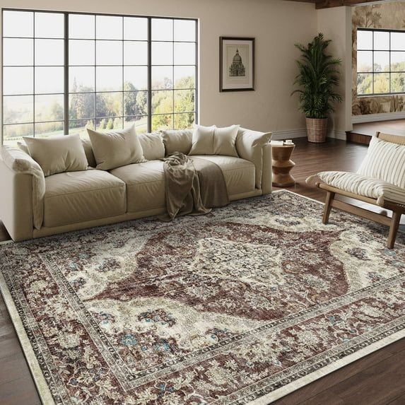 BERTHMEER 5'x7' Area Rugs for Living Room Vintage Red Carpets Bedroom Kitchen Rugs Non Slip Washable Office Dining Room Dorm Oriental Distressed Throw Rugs