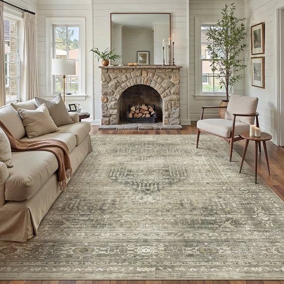 BERTHMEER 5'x7' Area Rugs for Living Room Vintage Tawny Rugs for Bedroom Kitchen Non Slip Washable Light Brown Carpets Oriental Distressed Home Dining Room Traditional Distressed Throw Rugs