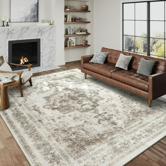BERTHMEER 5'x7' Area Rugs for Living Room indoor Washable Distressed Vintage Traditional Rugs Farmhouse Bedroom Dining Room Office Retro Throw Rugs, Non-slip, Taupe Brown