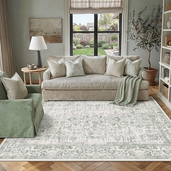 BERTHMEER 5'x7' Area Rugs Washable Vintage Oriental Rugs for Living Room Farmhouse Dining Room Office Throw Rugs Non-slip, Green