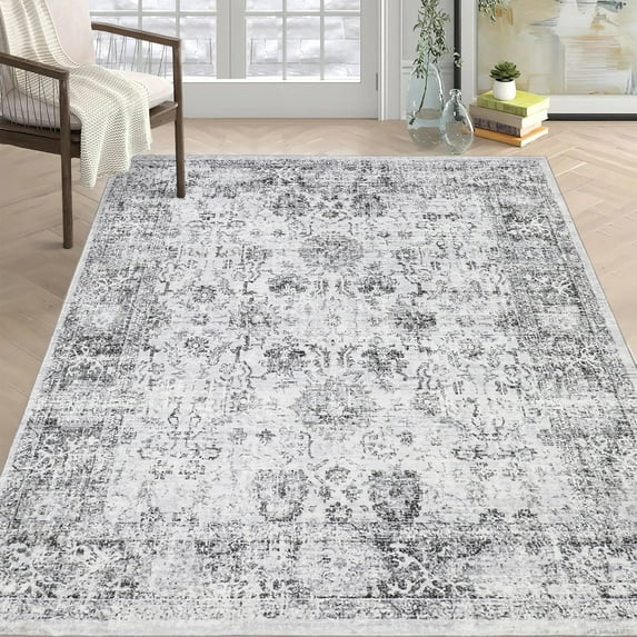 BERTHMEER 5'x7' Area Rugs for Living Room,Bedroom,Dining Room Farmhouse Rugs,Non-Slip Washable Indoor Rugs,Traditional Oriental Rug,Light Grey