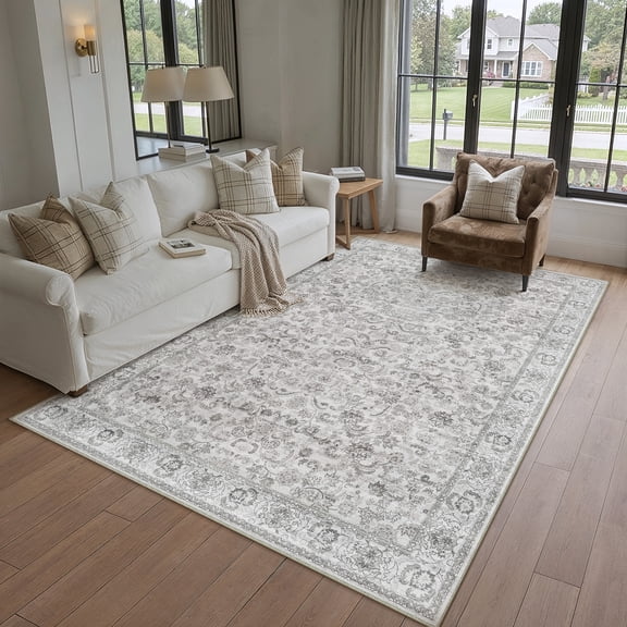 BERTHMEER 5'x7' Area Rugs for Living Room Bedroom Kitchen Rugs Non Slip Washable Gray Vintage Oriental Dorm Office Dining Room Distressed Throw Rugs
