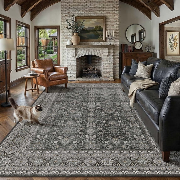 BERTHMEER 5'x7' Black Area Rugs for Living Room Dining Room Office Farmhouse Traditional Oriental Washable Rugs Non-slip