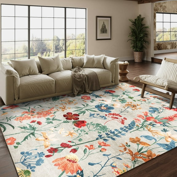 BERTHMEER 5'x7' Area Rugs for Living Room Bedroom Kitchen Farmhouse Non Slip Washable Vintage Oriental Floral Dorm Office Dining Room Throw Rugs Carpets,Beige