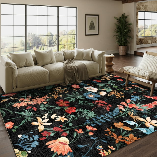 BERTHMEER 5'x7' Black Floral Area Rugs for Living Room Bedroom Kitchen Rugs Non Slip Washable Vintage Oriental Flower Dorm Office Dining Room Throw Rugs, Multicolor