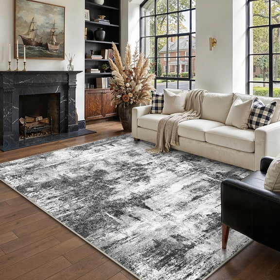 BERTHMEER 5'x7' Black Area Rugs for Living Room Bedroom Kitchen Rugs Non Slip Washable Neutral Modern Dorm Office Dining Room Abstract Throw Rugs
