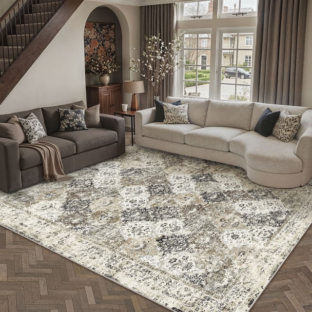 BERTHMEER 5'x7' Brown Area Rugs for Living Room Bedroom Dining Room Office Farmhouse Vintage Distressed Oriental Rugs Machine Washable non-slip