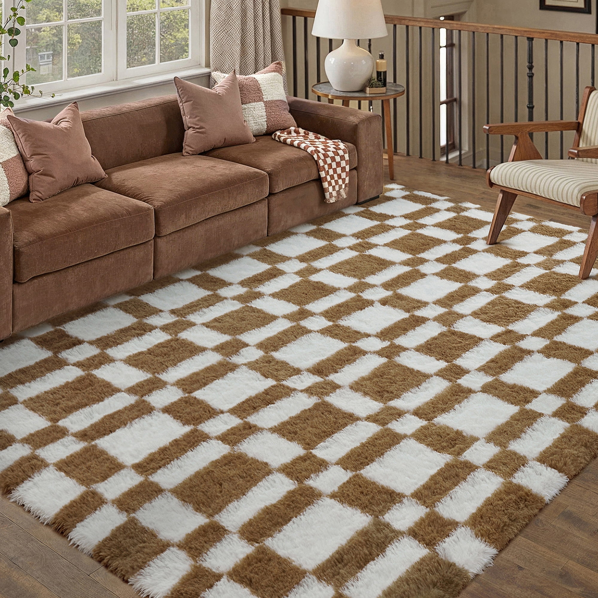 BERTHMEER 5'x7' Checkered Rug for Living Room, Modern Brown and White Checkerboard Shag Rug Non-Slip Area Rug Soft Indoor Fluffy Rugs for Bedroom Carpet Home Dorm Aesthetic Decor