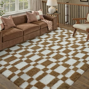 BERTHMEER 5'x7' Checkered Rug for Living Room, Modern Brown and White Checkerboard Shag Rug Non-Slip Area Rug Soft Indoor Fluffy Rugs for Bedroom Carpet Home Dorm Aesthetic Decor