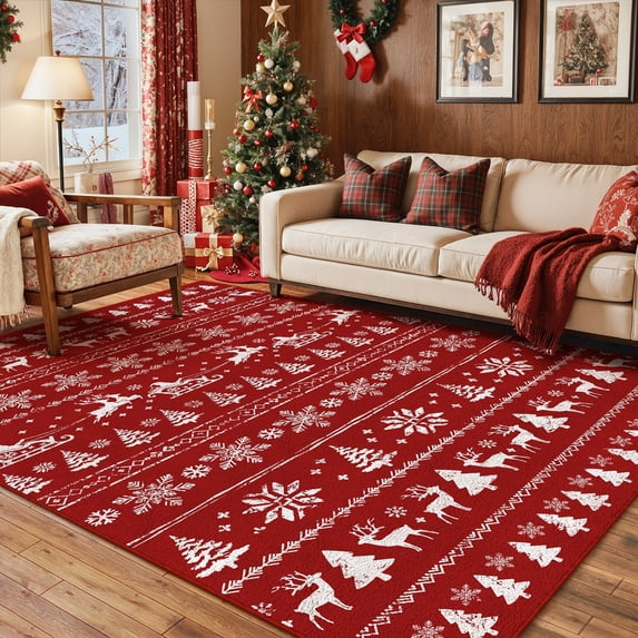 BERTHMEER 5'x7' Christmas Area Rugs for Living Room Kitchen Bathroom Bedroom Dining Room Entryway Laundry Room Washable Rugs Non-slip Throw Rugs,Red White
