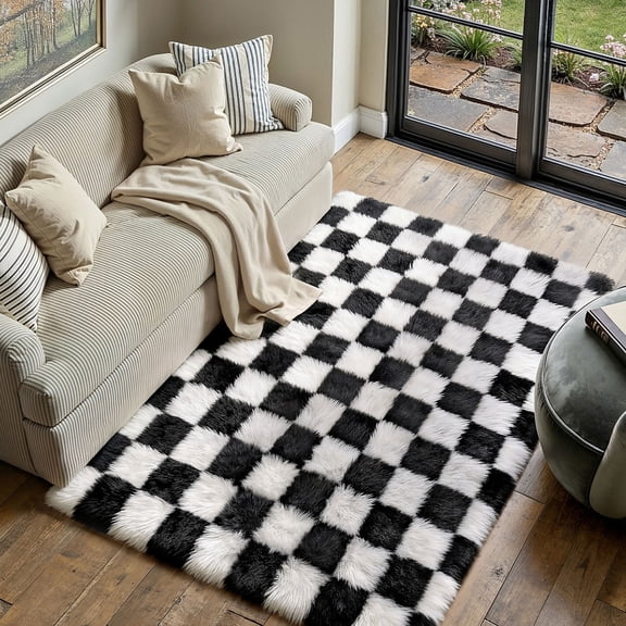 BERTHMEER 5'x7' Geometric Shag Area Rugs for Living Room Bedroom Bedroom Fluffy Rugs Checkered Contemporary Rugs Carpets