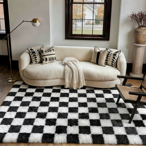 BERTHMEER 5'x7' Geometric Shag Area Rugs for Living Room Bedroom Bedroom Fluffy Rugs Checkered Contemporary Rugs Carpets