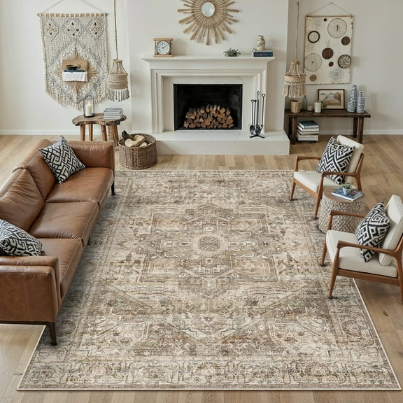 BERTHMEER 5'x7' Gold Brown Area Rugs for Living Room Dining Room Traditional Oriental Washable Rugs Non-slip