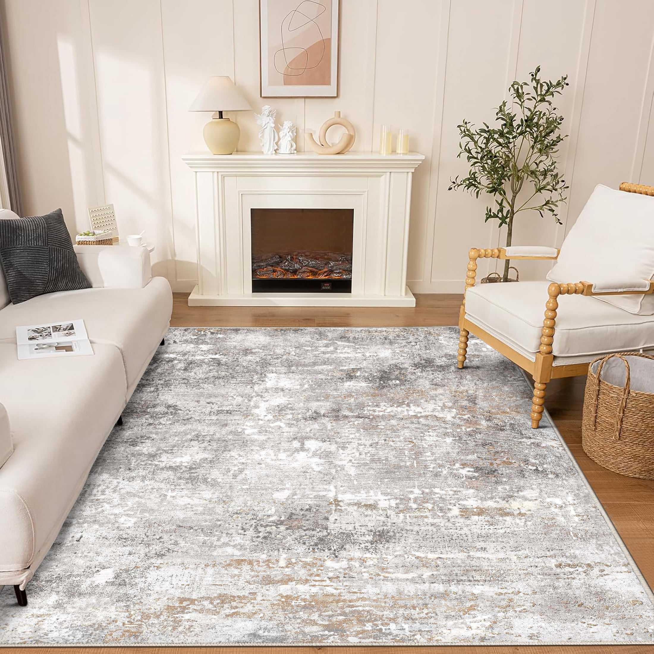 BERTHMEER 5'x7' Gold Gray Area Rugs for Living Room Bedroom Dining Room