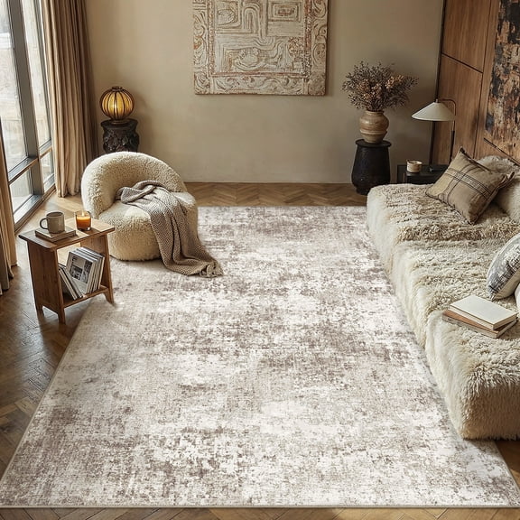 BERTHMEER 5'x7' Modern Abstract Area Rugs Beige Rugs for Living Room Bedroom Dining Room Office Farmhouse Distressed Machine Washable Non-slip
