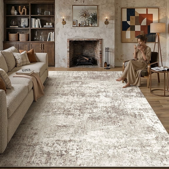 BERTHMEER 5'x7' Modern Abstract Area Rugs Beige Rugs for Living Room Bedroom Dining Room Office Farmhouse Distressed Machine Washable Non-slip