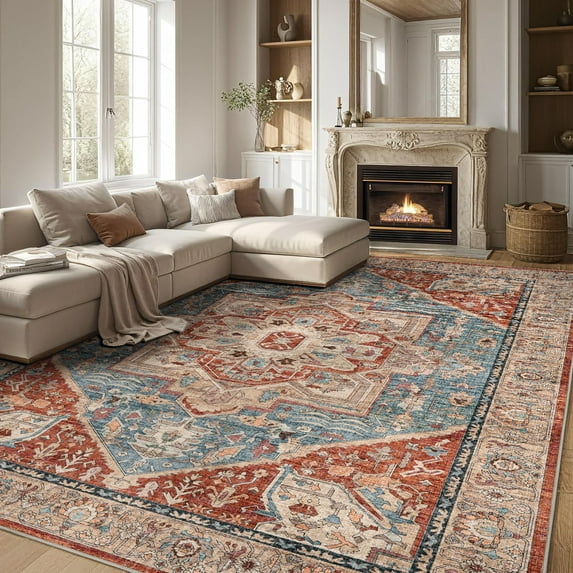 BERTHMEER 5'x7' Red and Blue Area Rugs for Living Room Bedroom Dining Room Office Farmhouse Retro Traditional Vintage Non-slip Washable Throw Rugs