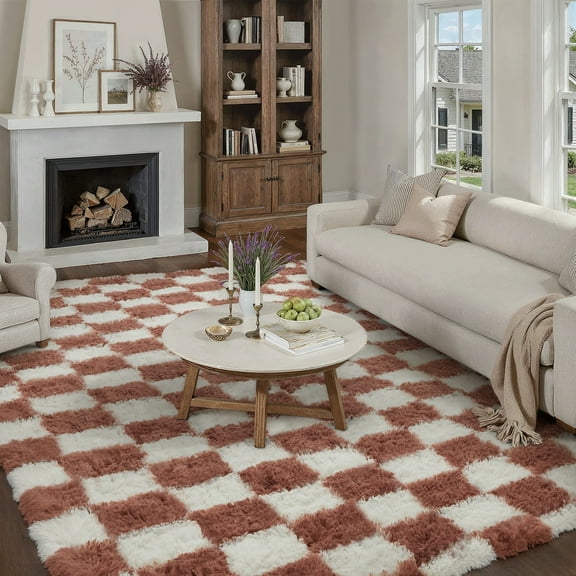 BERTHMEER 5'x7' Area Rugs for Living Room Bedroom Dinning Room Fluffy Checkered Modern Geometric Plush Pile Ultra-Soft Shag Rugs Carpets,Rose Red White