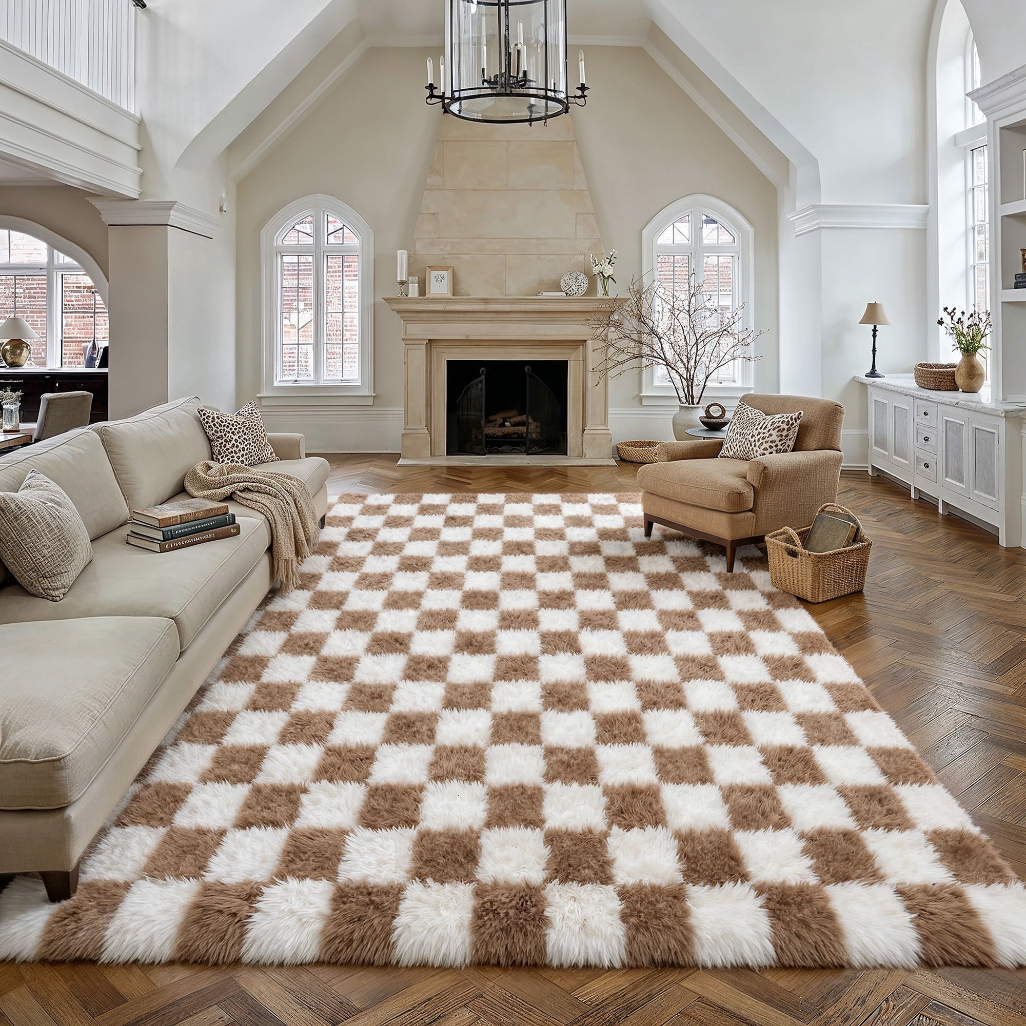 berthmeer 5'x7' shag area rugs for living room bedroom kitchen dorm office laundry modern checkered contemporary plush soft carpets indoor fuzzy fluffy washable rugs, brown white
