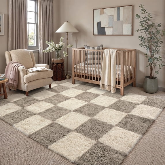 BERTHMEER 5'x7' Washable Shag Area Rugs for Living Room Bedroom Dorm Office Modern Checkered Contemporary Plush Soft Carpets Indoor Fuzzy Fluffy Rugs, Gray