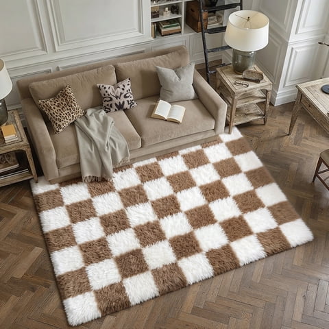 BERTHMEER 5'x7' Shag Area Rugs for Living Room Bedroom Kitchen Dorm Office Laundry Modern Checkered Contemporary Plush Soft Carpets Indoor Fuzzy Fluffy Washable Rugs, Brown White