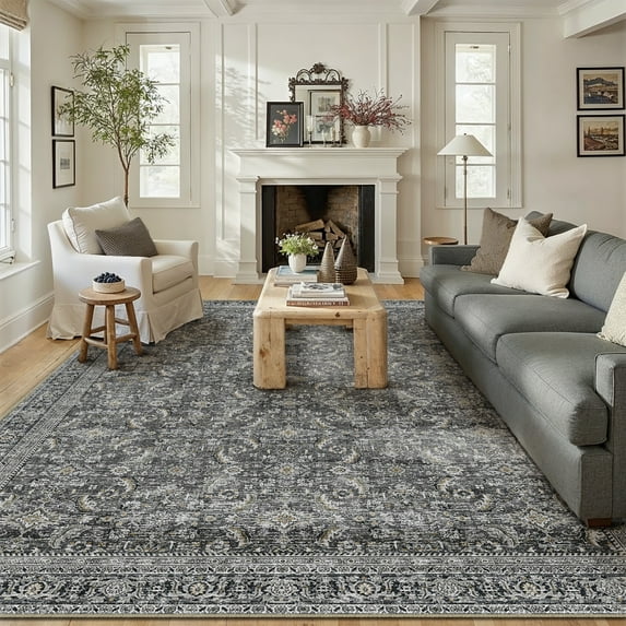 BERTHMEER 5'x7' Vintage Black Area Rugs for Living Room Bedroom Kitchen Rugs Non Slip Washable Dorm Office Oriental Distressed Dining Room Throw Rugs