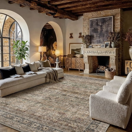 BERTHMEER 5'x7' Vintage Brown Area Rugs for Living Room Bedroom Kitchen Traditional Rugs Non Slip Washable Dorm Office Oriental Dining Room Distressed Throw Rugs