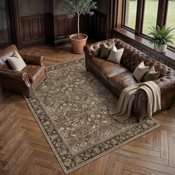 BERTHMEER 5'x7' Vintage Brown Area Rugs for Living Room Bedroom Dining Room Farmhouse Traditional Oriental Office Rugs Machine Washable non-slip