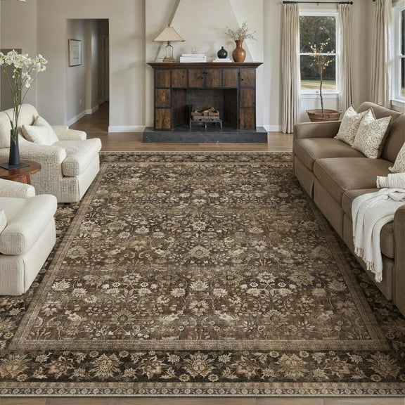 BERTHMEER 5'x7' Vintage Brown Area Rugs for Living Room Bedroom Dining Room Farmhouse Traditional Oriental Office Rugs Machine Washable non-slip