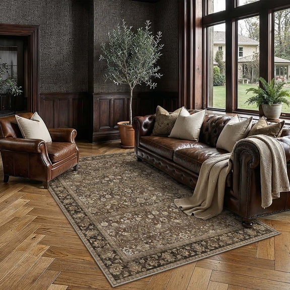 BERTHMEER 5'x7' Vintage Brown Area Rugs for Living Room Bedroom Dining Room Farmhouse Traditional Oriental Office Rugs Machine Washable non-slip