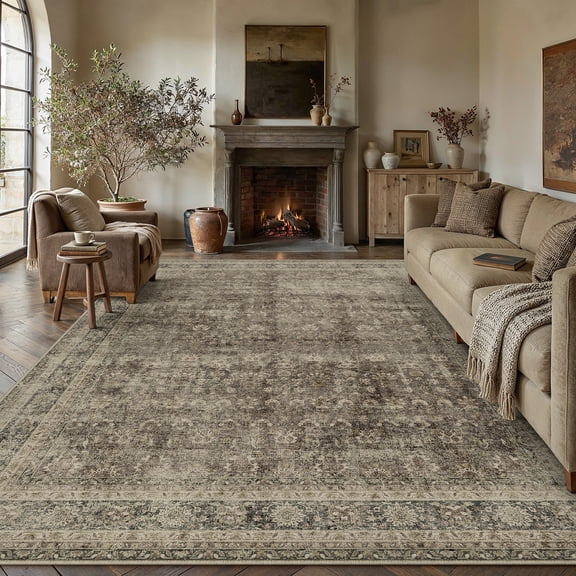 BERTHMEER 5'x7' Vintage Golden Brown Area Rugs for Living Room Bedroom Kitchen Traditional Rugs Non Slip Washable Dorm Office Oriental Dining Room Distressed Throw Rugs