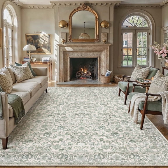 BERTHMEER 5'x7' Vintage Oriental Area Rugs for Living Room Bedroom Kitchen Non Slip Washable Green Dorm Office Dining Room Traditional Distressed Throw Rugs