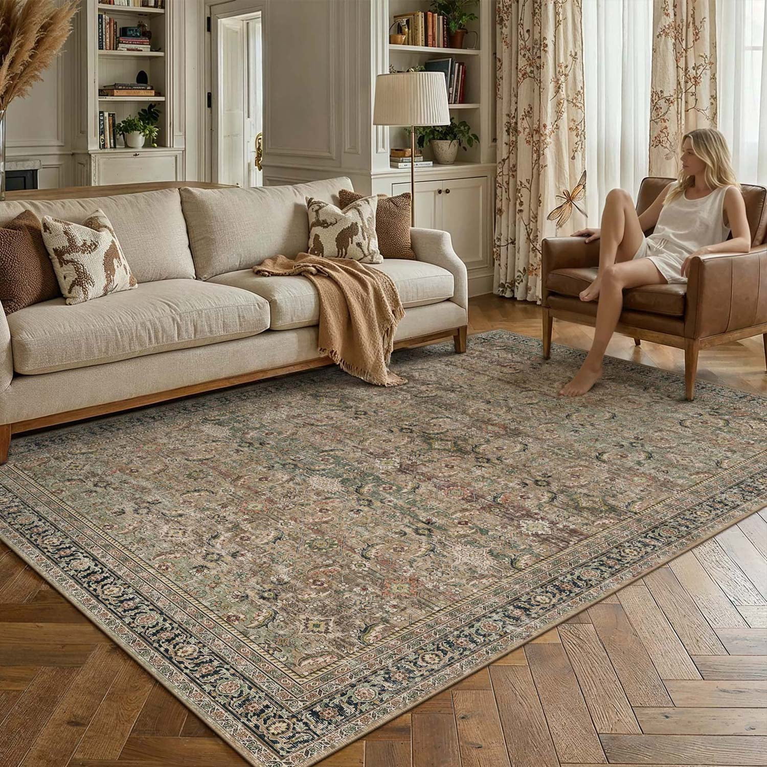 berthmeer 5'x7' vintage oriental area rugs for living room bedroom kitchen rugs non slip washable brown traditional distressed dorm office dining room throw rugs