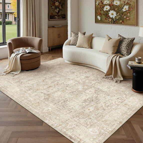 BERTHMEER 5'x7' Washable Area Rugs for Living Room Bedroom Rugs Distressed Vintage Oriental Traditional Print Beige Rug for Dining Room Farmhouse Non-Silp Stain Resistant Carpet, Beige