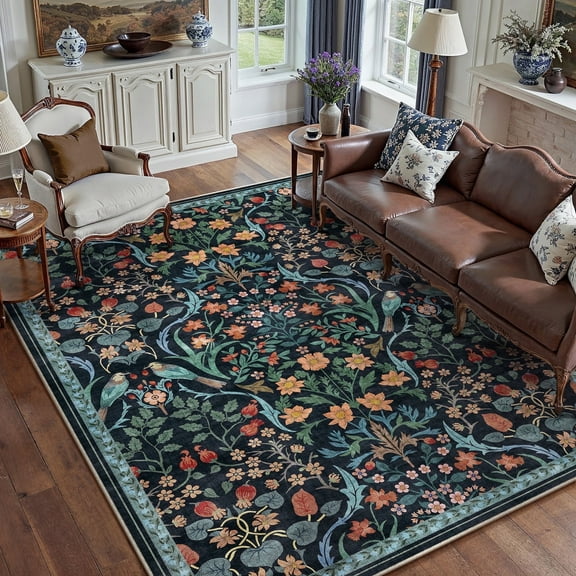 BERTHMEER 5'x7' Area Rugs for Living Room Bedroom Kitchen Farmhouse Rugs Non Slip Washable Floral Vintage Blue Carpets Oriental Flower Office Dorm Dining Room Throw Rugs, Multicolor