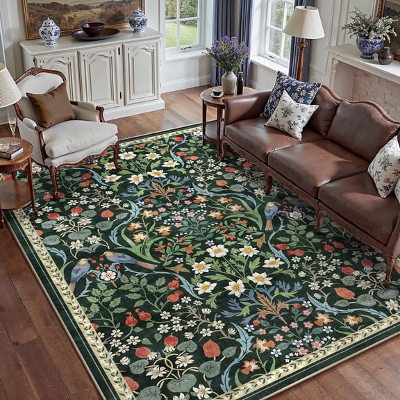 BERTHMEER 5'x7' Area Rugs for Living Room Bedroom Kitchen Farmhouse Rugs Non Slip Washable Floral Vintage Green Carpets Oriental Flower Office Dorm Dining Room Throw Rugs, Multicolor
