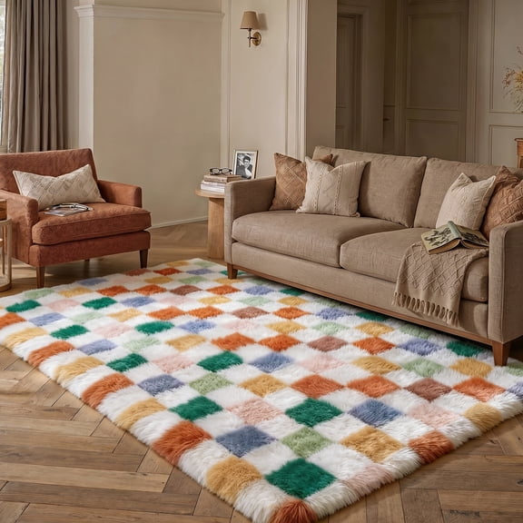 BERTHMEER 5'x8' Area Rugs for Living Room Bedroom Dinning Room Fluffy Checkered Soft Modern Geometric Plush Pile Ultra-Soft Rugs Carpets,Green Multicolor
