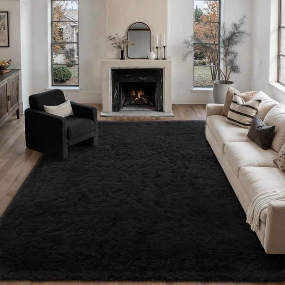 BERTHMEER 5'x8' Black Shag Area Rugs for Living Room Bedroom Fluffy Fuzzy Plush High-Plie Soft Washable Modern Contemporary Rugs Carpets