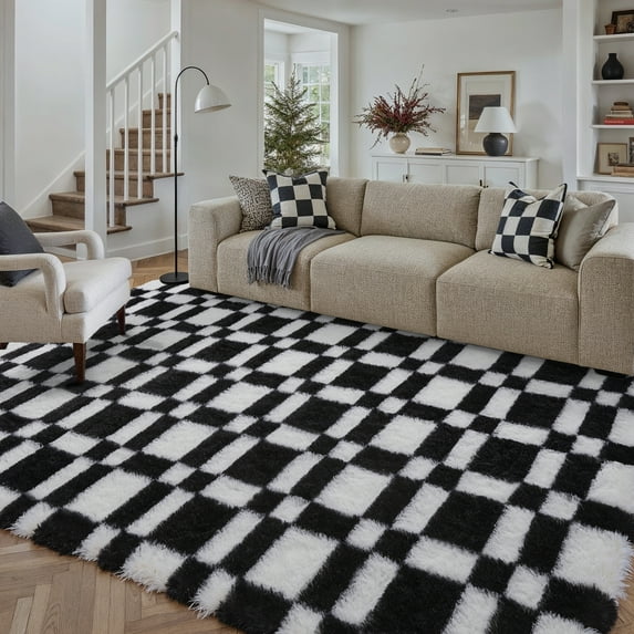 BERTHMEER 5'x8' Checkered Rug for Living Room, Modern Black and White Checkerboard Shag Rug Non-Slip Area Rug Soft Indoor Fluffy Rugs for Bedroom Carpet Home Dorm Aesthetic Decor