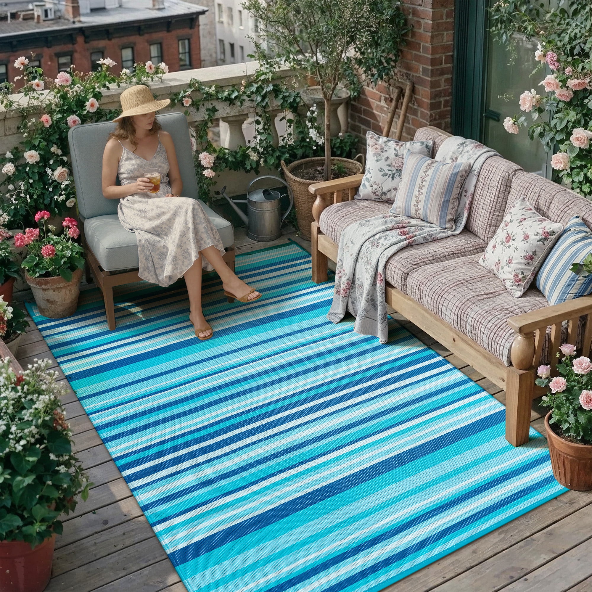 BERTHMEER 5'x8' Striped Outdoor Plastic Straw Rugs on Clearance Waterproof Patio Camping Porch RV Deck Pool Rugs, Blue
