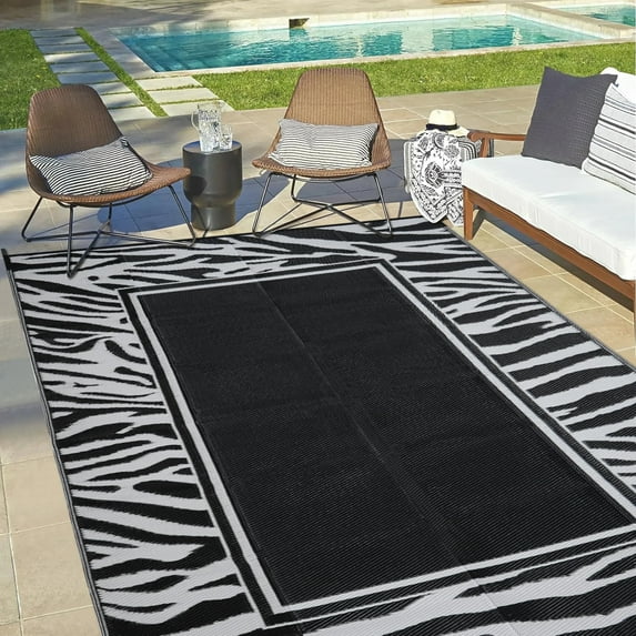 BERTHMEER 5'x8' Outdoor Rugs Plastic Straw on Sale Clearance,Waterproof Reversible Patio Rugs for Deck,RV,Beach,Picnic,Garden and Balcony,Black&Gray