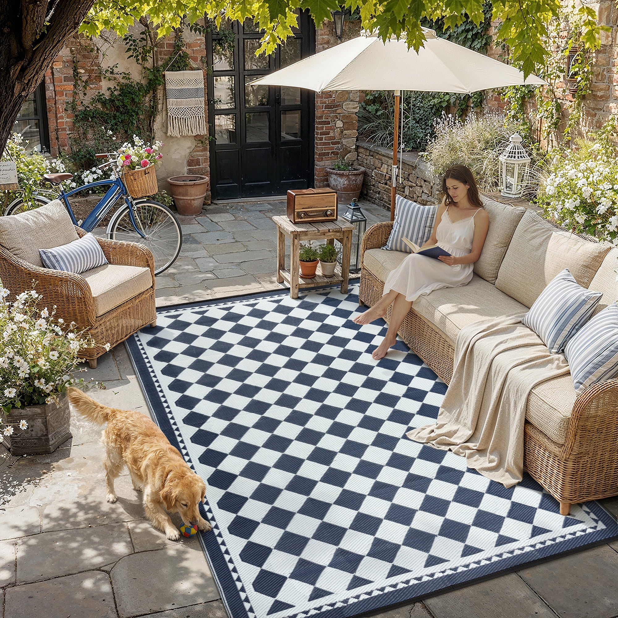 berthmeer 5'x8' outdoor rugs waterproof plastic rugs checkered patio rugs straw rugs camping rugs, porch,deck rugs, rv rugs for outside, deep blue