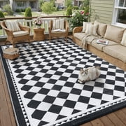 BERTHMEER 5'x8' Outdoor Rugs Waterproof Plastic Rugs Checkered Patio Rugs Straw Rugs Camping Rugs, Porch,Deck Rugs, RV Rugs for outside, Black & White