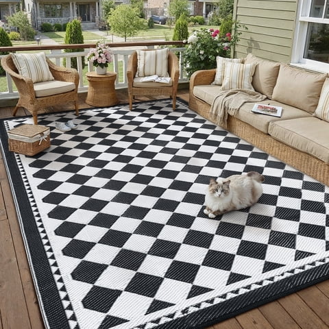 BERTHMEER 5'x8' Outdoor Rugs Waterproof Plastic Rugs Checkered Patio Rugs Straw Rugs Camping Rugs, Porch,Deck Rugs, RV Rugs for outside, Black & White