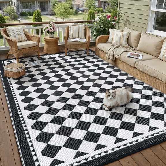 BERTHMEER 5'x8' Outdoor Rugs Waterproof Plastic Rugs Checkered Patio Rugs Straw Rugs Camping Rugs, Porch,Deck Rugs, RV Rugs for outside, Black & White