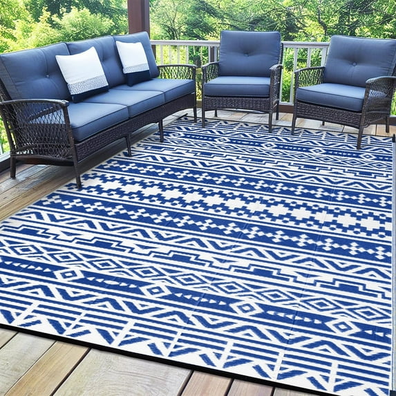 BERTHMEER 5'x8' Outdoor Rugs Waterproof Plastic Straw Patio Boho Rugs for Deck,Camping,Beach,Picnic,Garden and Balcony,Black&White