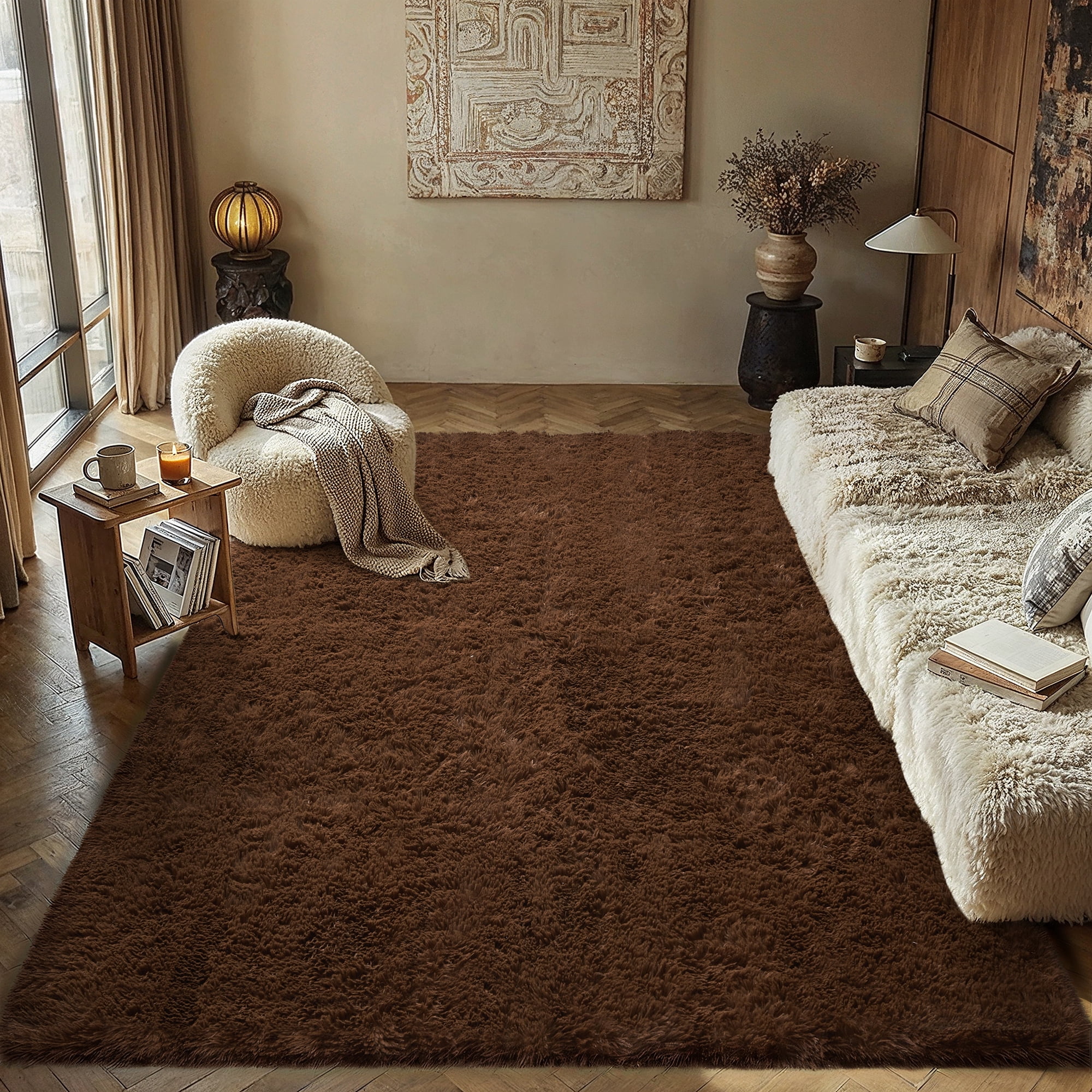 BERTHMEER 5'x8' Shag Area Rugs for Bedroom Dorm Entrance Laundry Entryway Modern Contemporary Plush Soft Carpets Indoor Fuzzy Fluffy Washable Rugs, Coffee