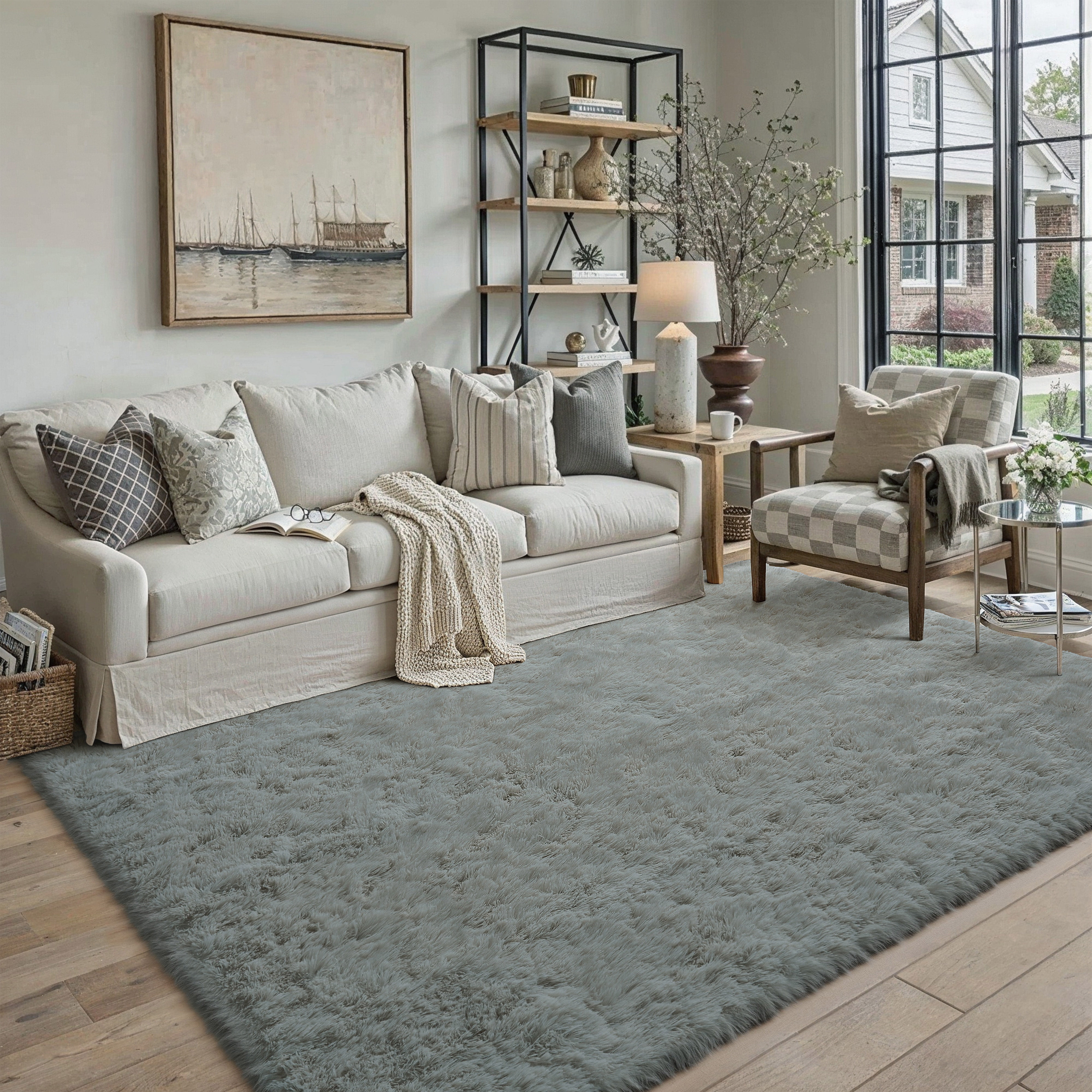 berthmeer 5'x8' shag area rugs for bedroom dorm entrance laundry entryway modern contemporary plush soft carpets indoor fuzzy fluffy washable rugs, gray