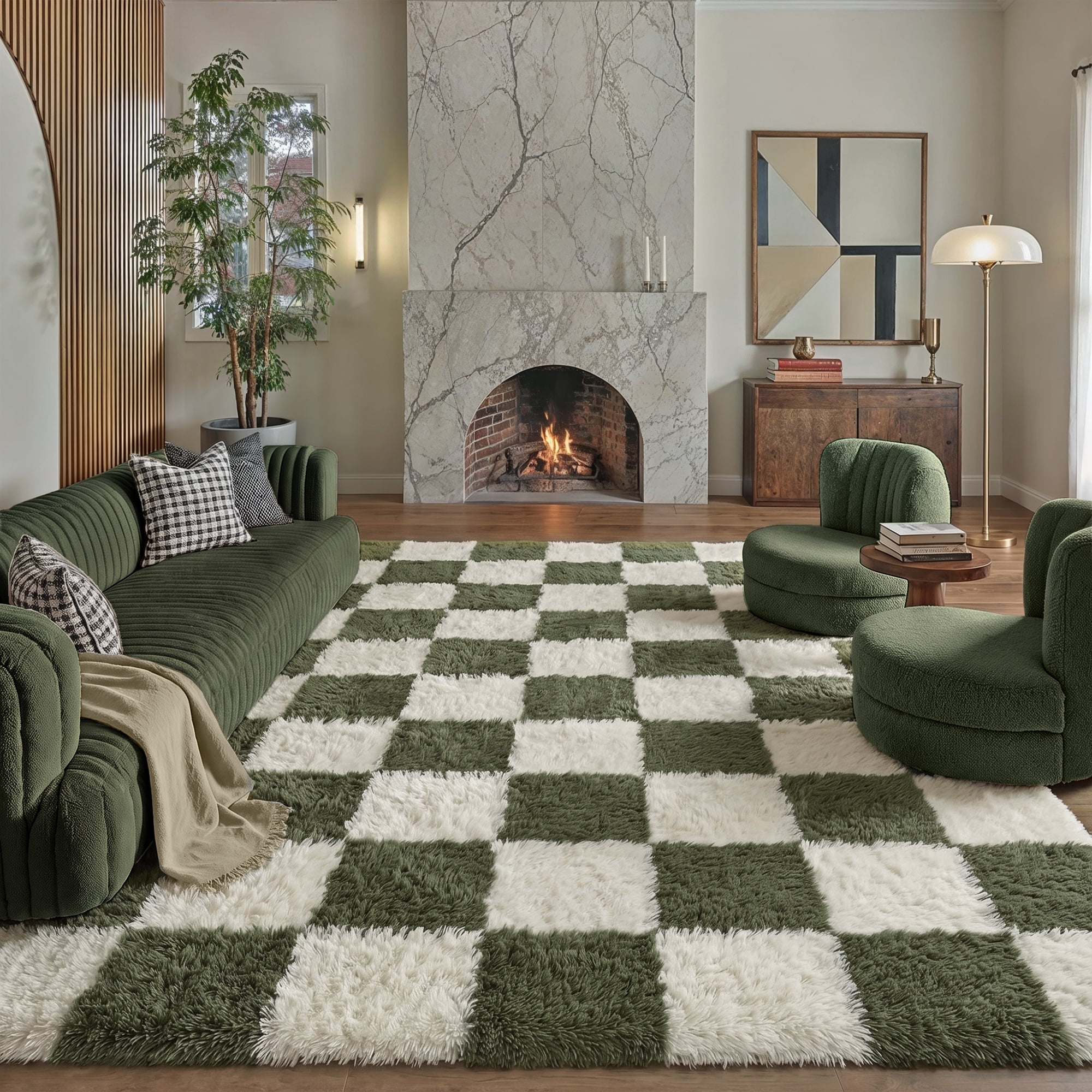 berthmeer 5'x8' shag area rugs for living room bedroom kitchen dorm office laundry modern checkered contemporary plush soft carpets indoor fuzzy fluffy washable rugs, green