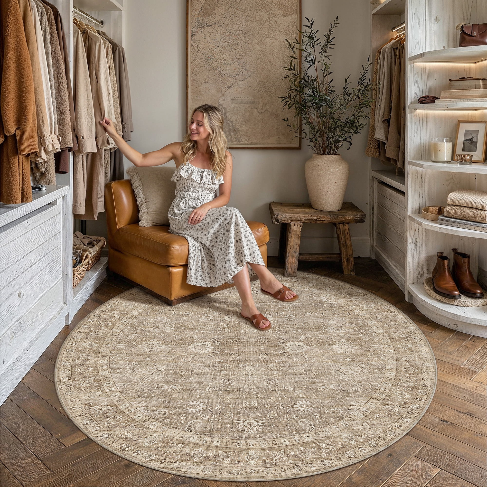 berthmeer 6'?ó6' round area rugs for living room dining room bedroom office oriental floral vintage farmhouse machine washable non-slip traditional distressed carpets, brown